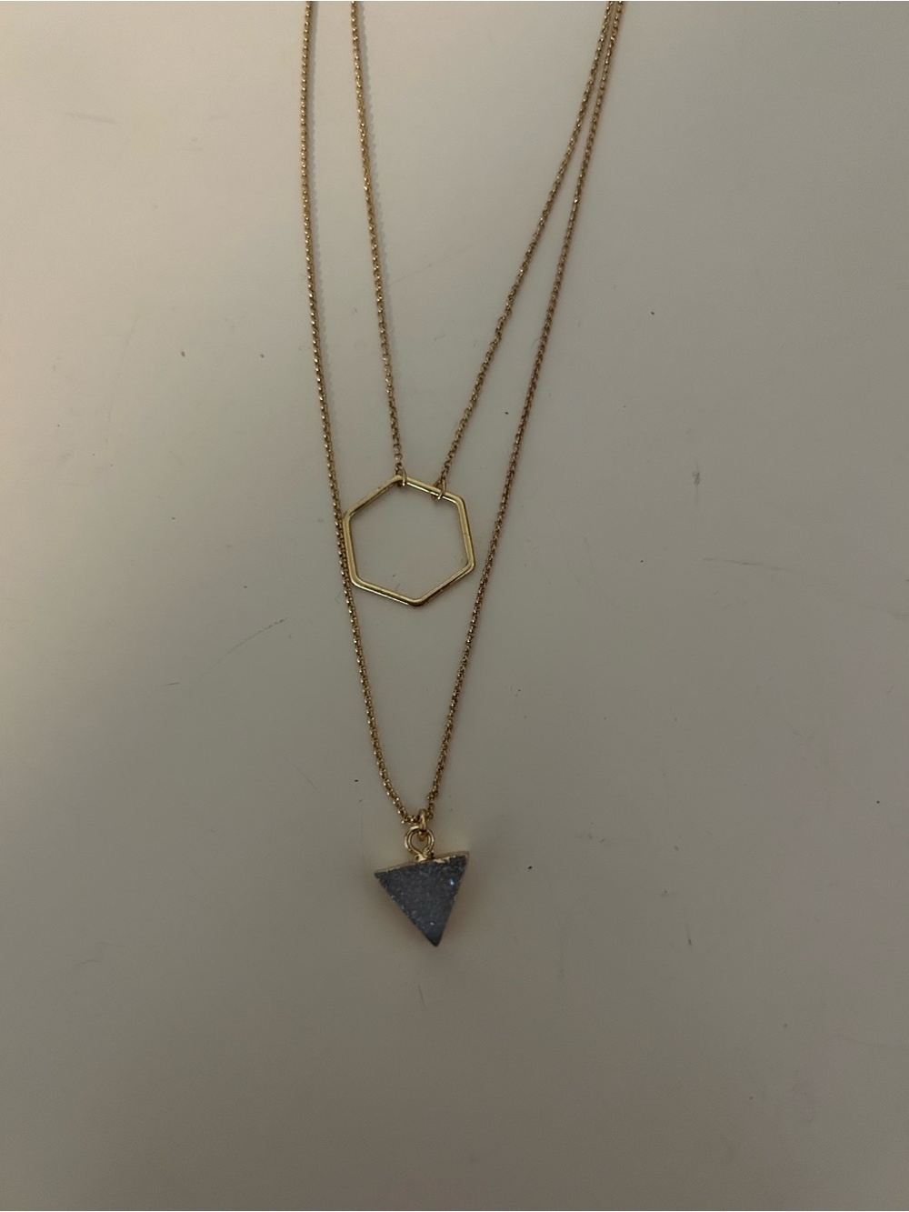 Gold Layered Necklace with Blue Triangle Druzy and Hexagon Charm
